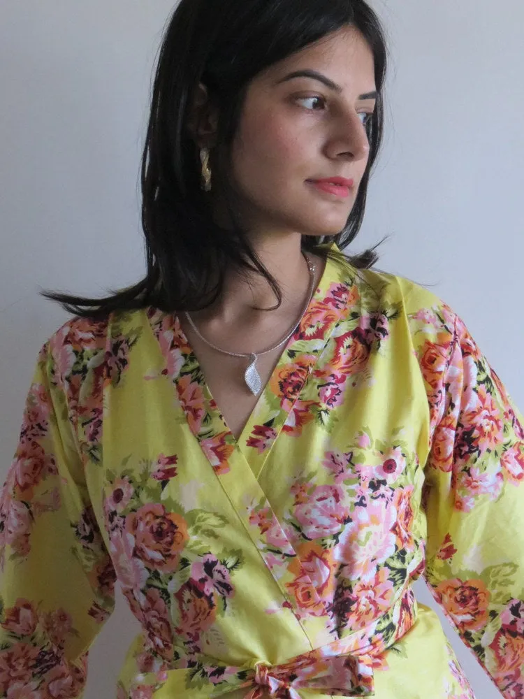 Light Yellow Floral Knee Length, Kimono Crossover Belted Robe