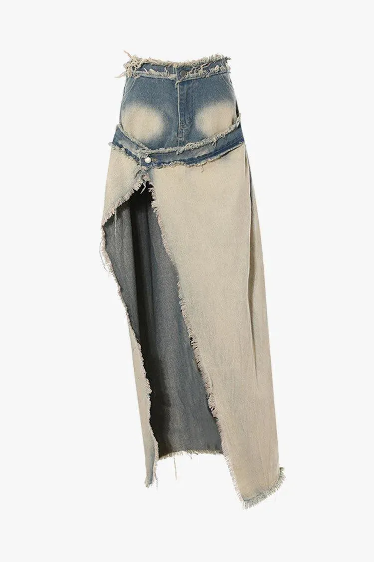 Lucilla – Thigh-high slit – Distressed denim maxi skirt