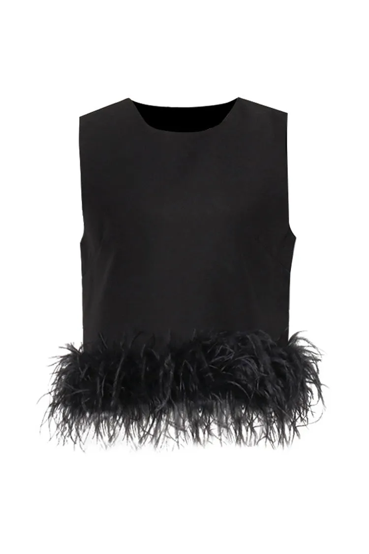 Luxury Crew Neck Imitated Feather Trim Summer Crepe Crop Tank Top