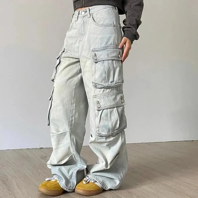 LVSANW Autumn Winter New Ladies Cargo Jeans American Street Style Baggy Cargo Pants Women Blue Multi-pocket Wide Leg Jeans for Women