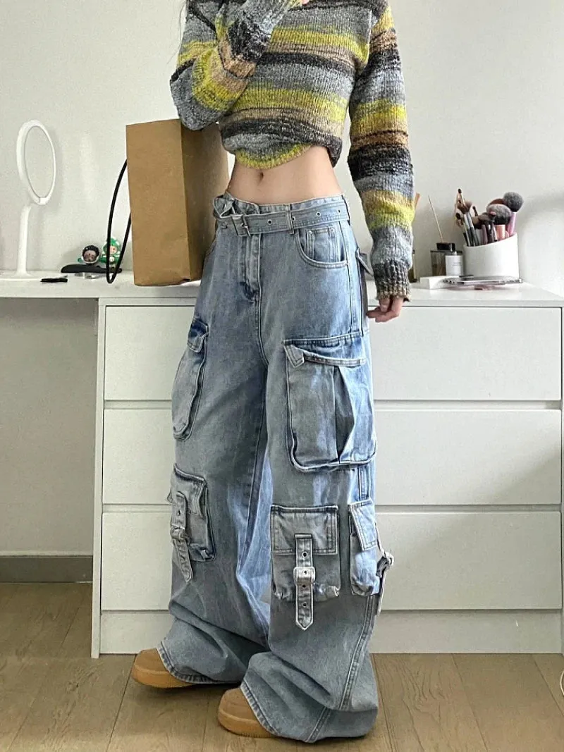 LVSANW Autumn Winter New Ladies Cargo Jeans American Street Style Baggy Cargo Pants Women Blue Multi-pocket Wide Leg Jeans for Women