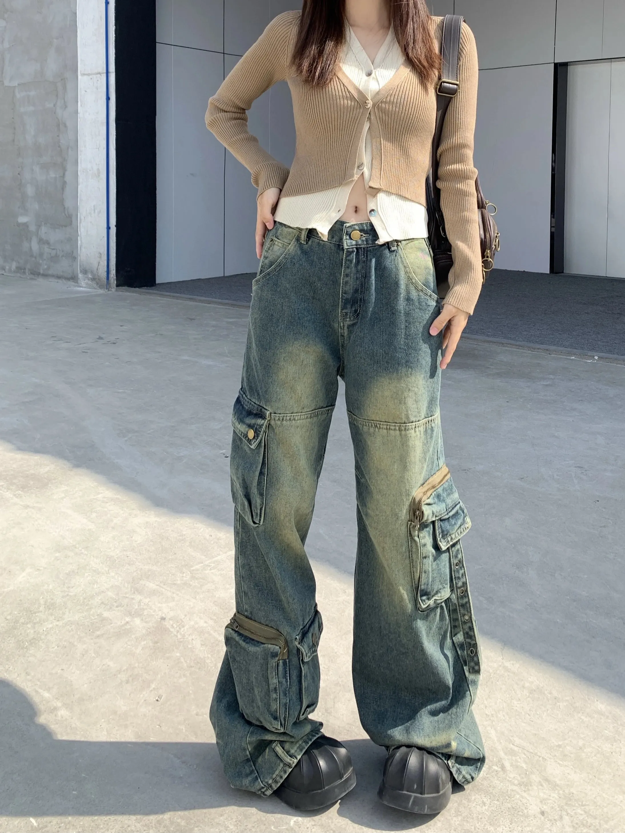 LVSANW Autumn Winter New Ladies Cargo Jeans American Street Style Baggy Cargo Pants Women Blue Multi-pocket Wide Leg Jeans for Women