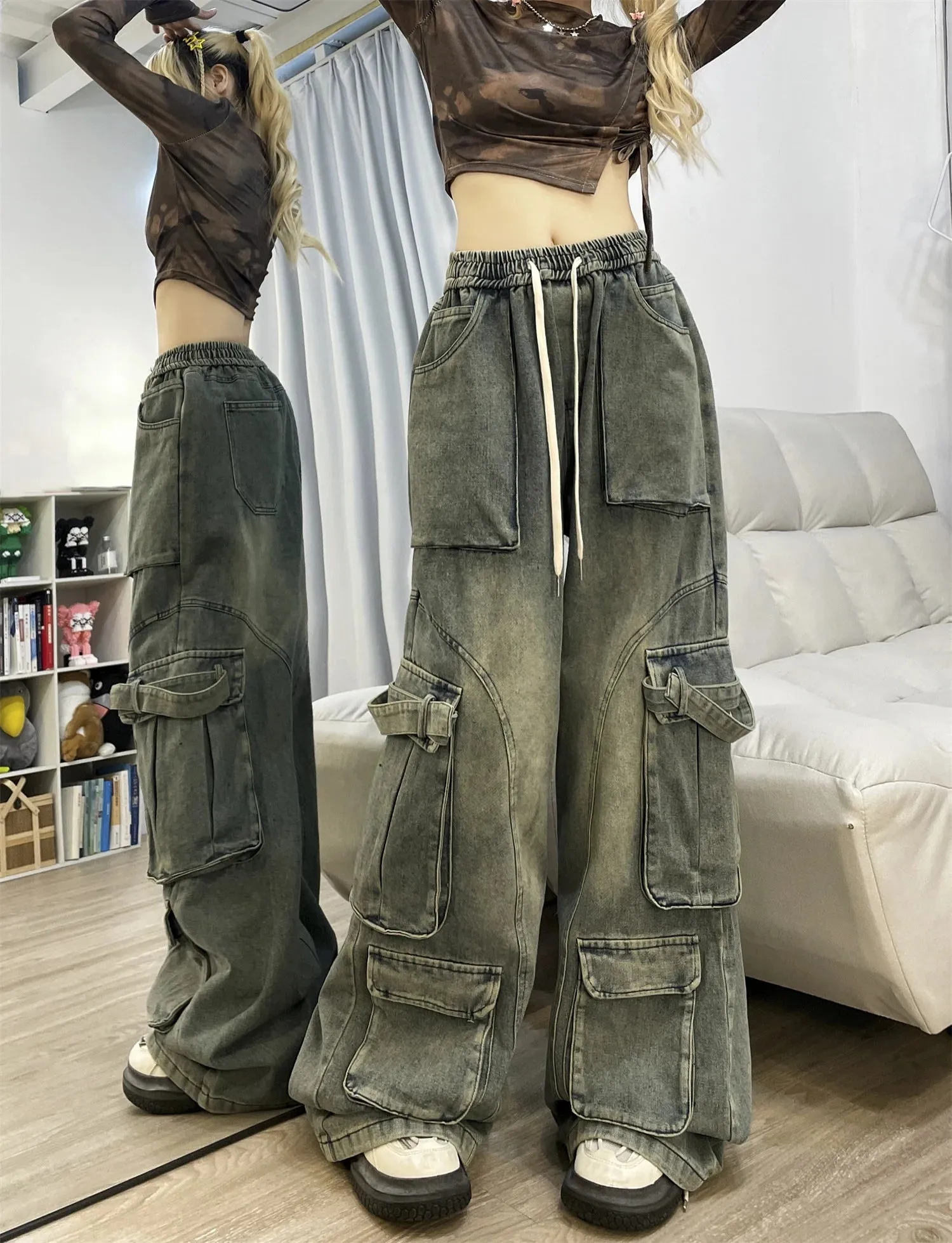 LVSANW Autumn Winter New Ladies Cargo Jeans American Street Style Baggy Cargo Pants Women Blue Multi-pocket Wide Leg Jeans for Women