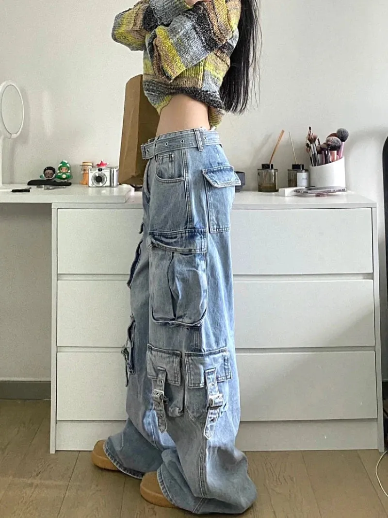 LVSANW Autumn Winter New Ladies Cargo Jeans American Street Style Baggy Cargo Pants Women Blue Multi-pocket Wide Leg Jeans for Women