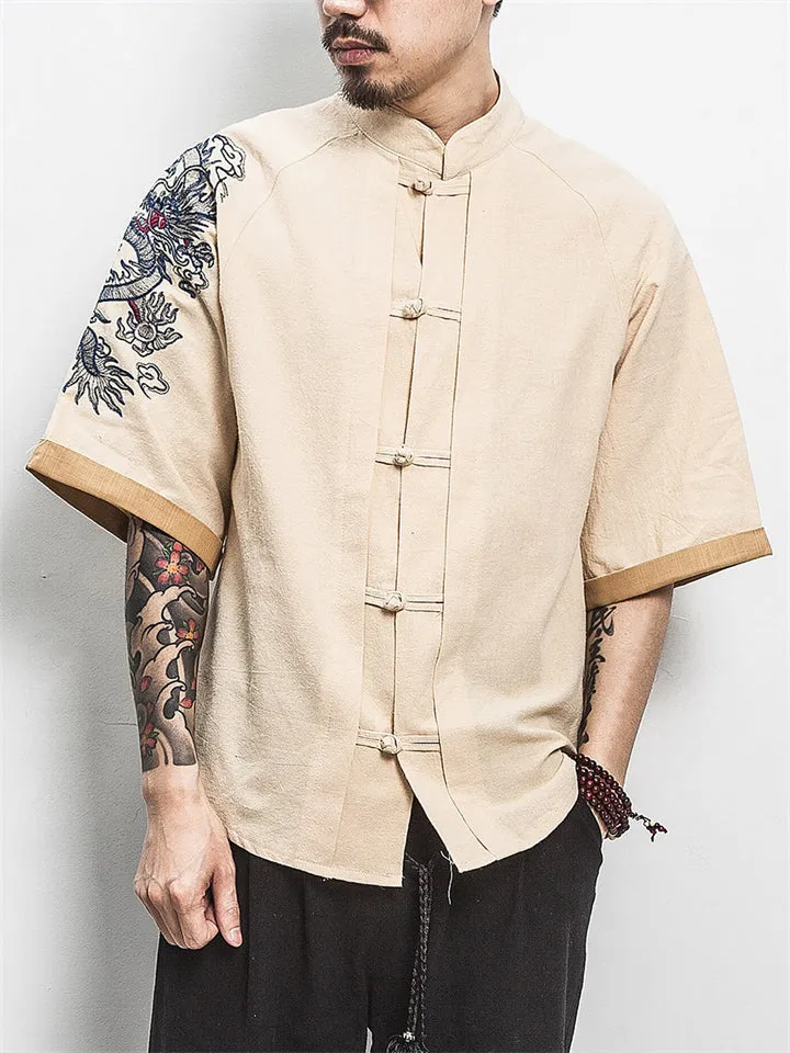 Men's Dragon Embroidery Short Sleeve Cozy Linen Shirt