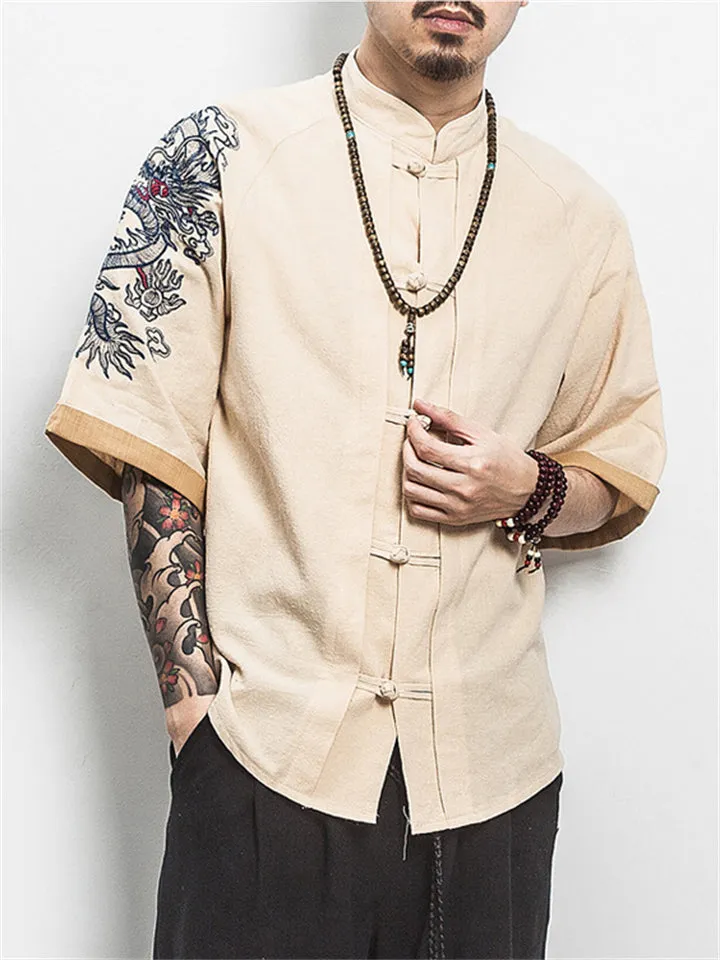 Men's Dragon Embroidery Short Sleeve Cozy Linen Shirt