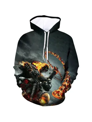 Men's Horror Flame Skull Graphic Print Hoodies