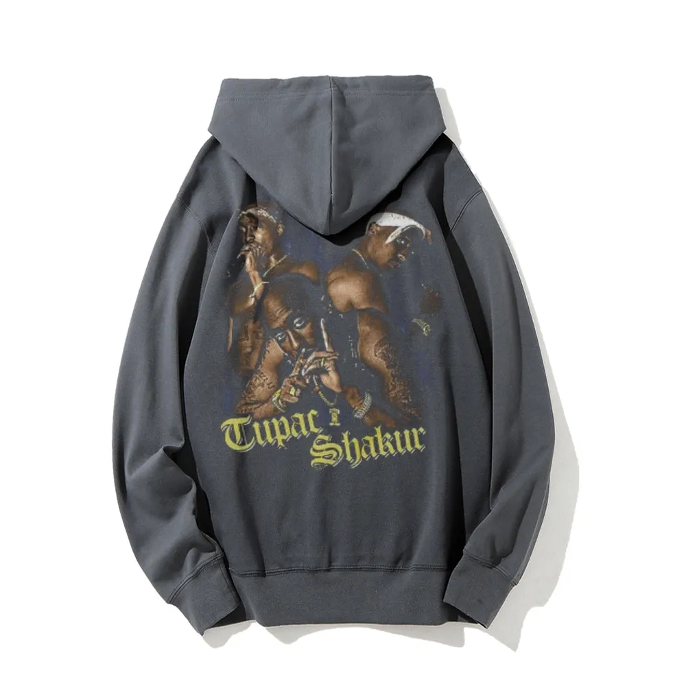 Mens intage The Love Tupac Darkness Style Print Graphic Pullover With Kangaroo Pocket Hoodies