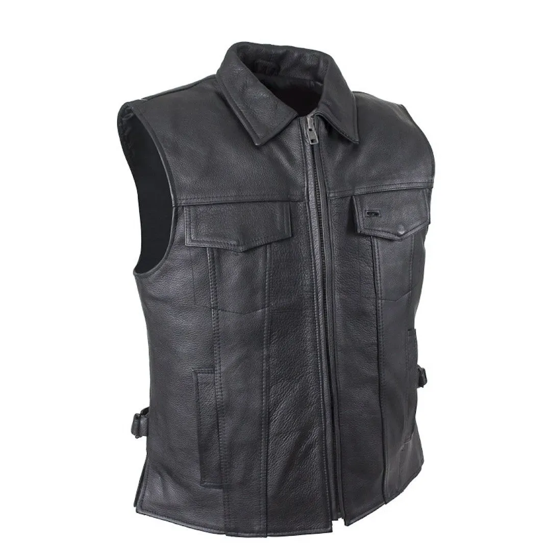 Mens Motorcycle Club Leather Vest With Fold Collar & Hidden Snaps