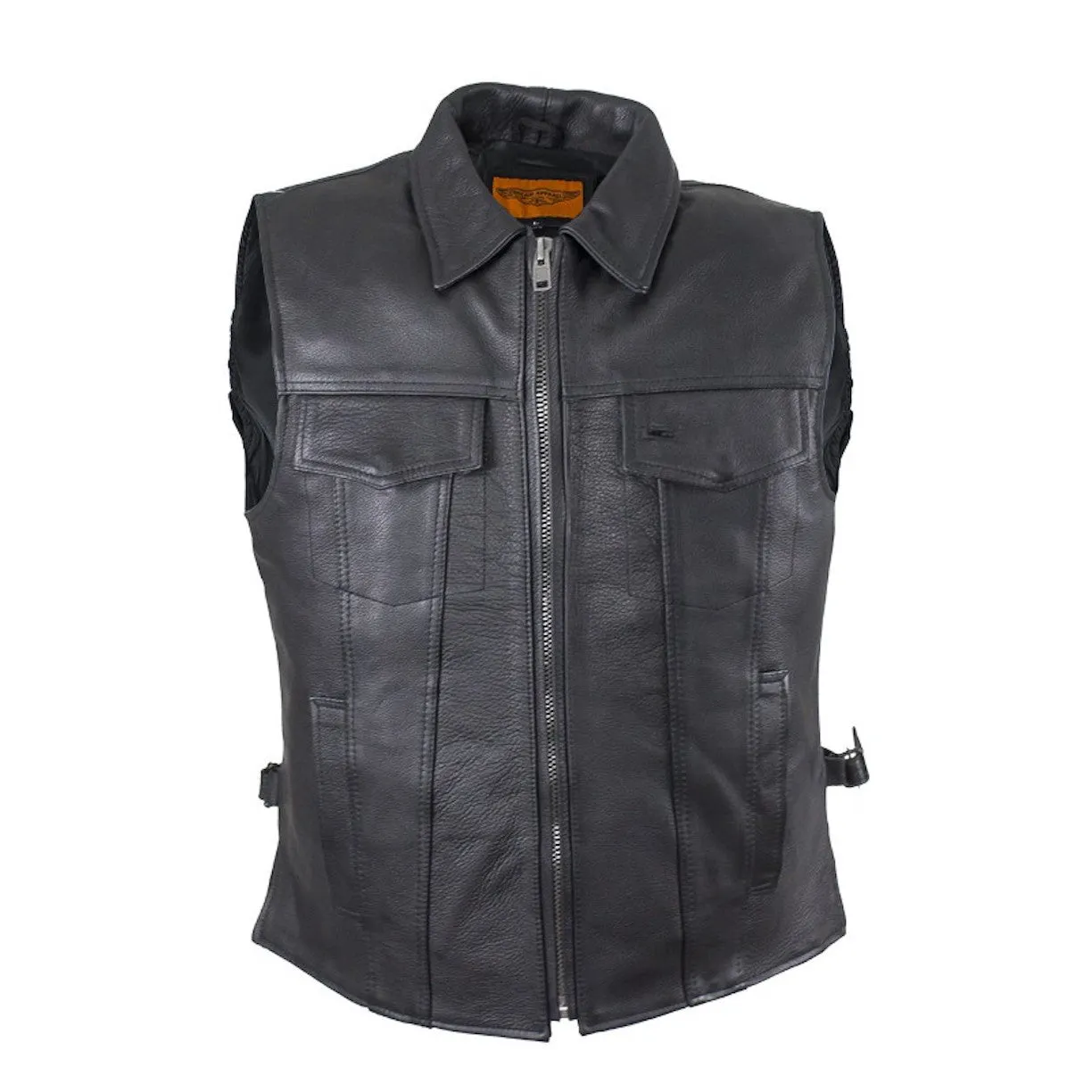 Mens Motorcycle Club Leather Vest With Fold Collar & Hidden Snaps