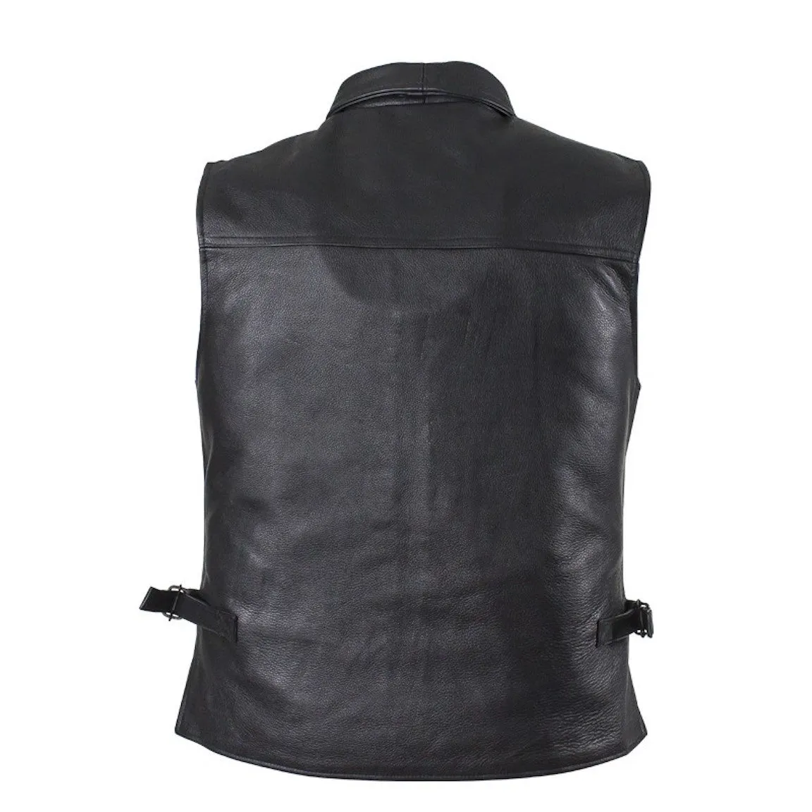 Mens Motorcycle Club Leather Vest With Fold Collar & Hidden Snaps