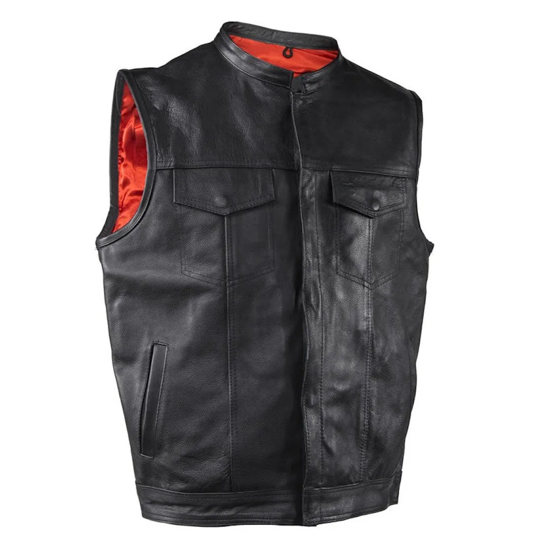 Mens Naked Leather Motorcycle Club Vest With Gun Pockets Solid Back Mandarin Collar