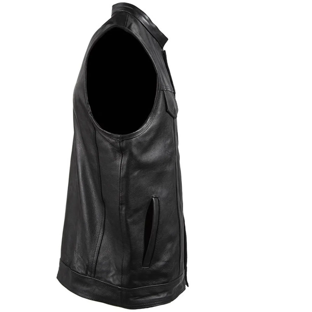 Mens Naked Leather Motorcycle Club Vest With Gun Pockets Solid Back Mandarin Collar