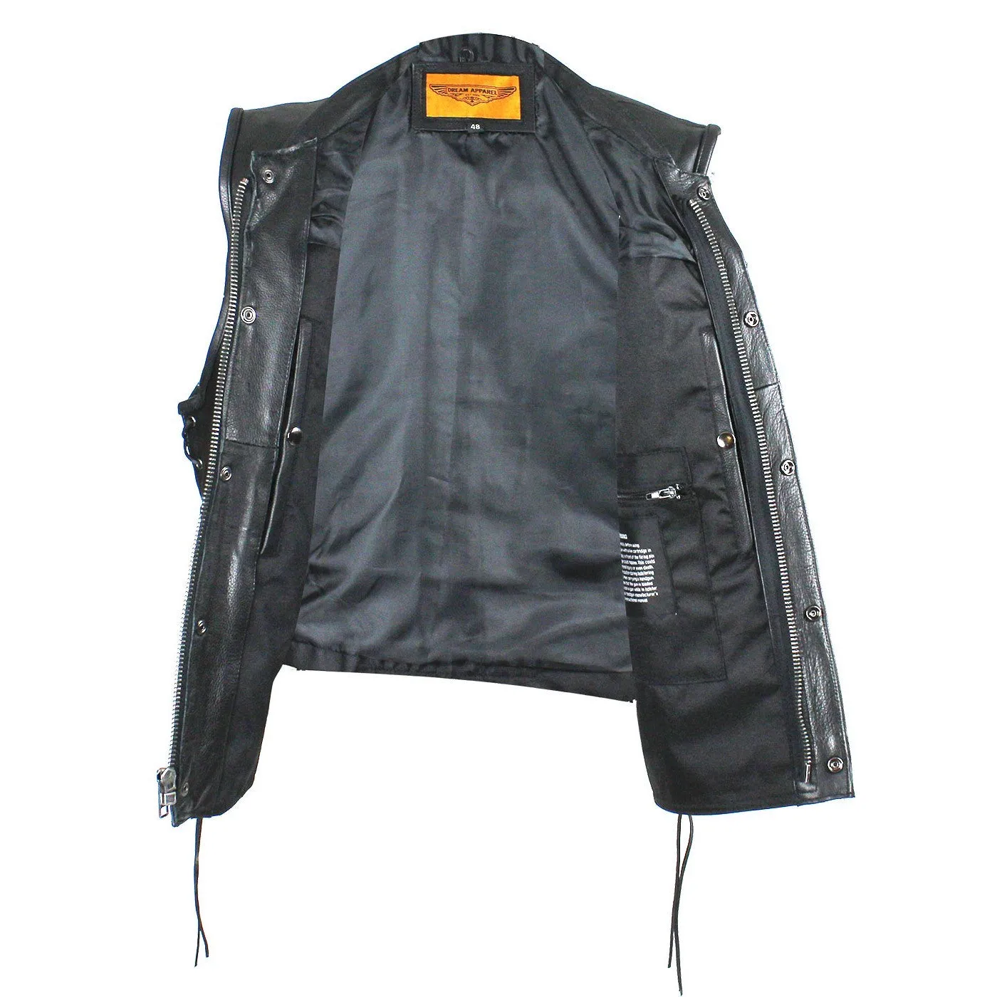 Mens Naked Leather Open Neck Snap/Zip Front Motorcycle Vest With Gun Pockets Solid Back