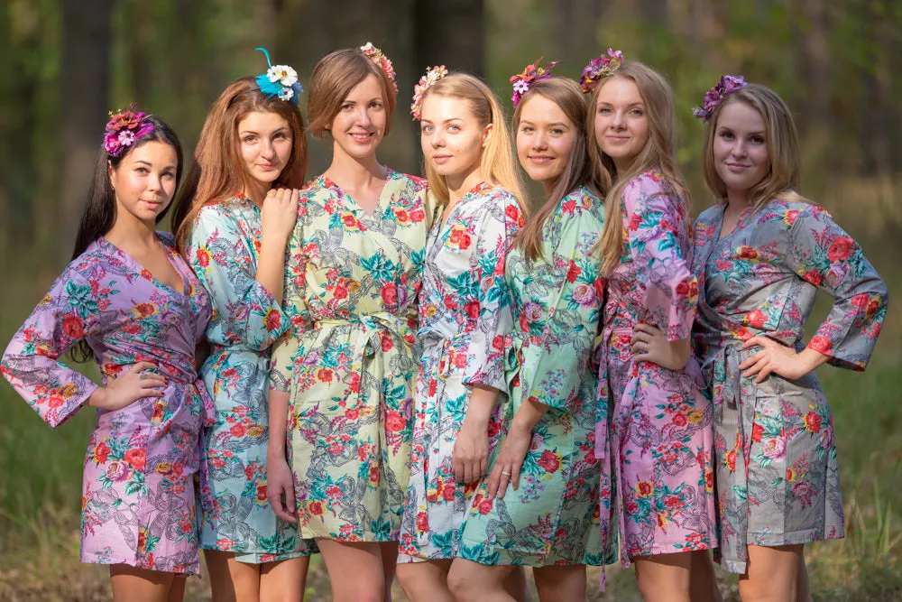 Mismatched Cute Bows Patterned Bridesmaids Robes in Soft Tones