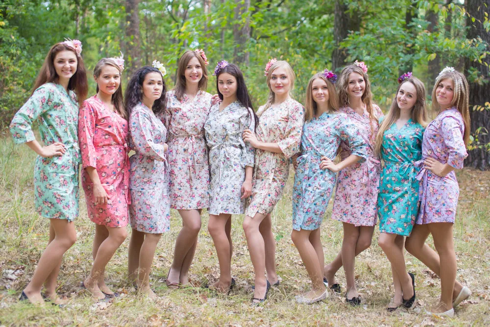 Mismatched Vintage Chic Floral Patterned Bridesmaids Robes in Soft Tones