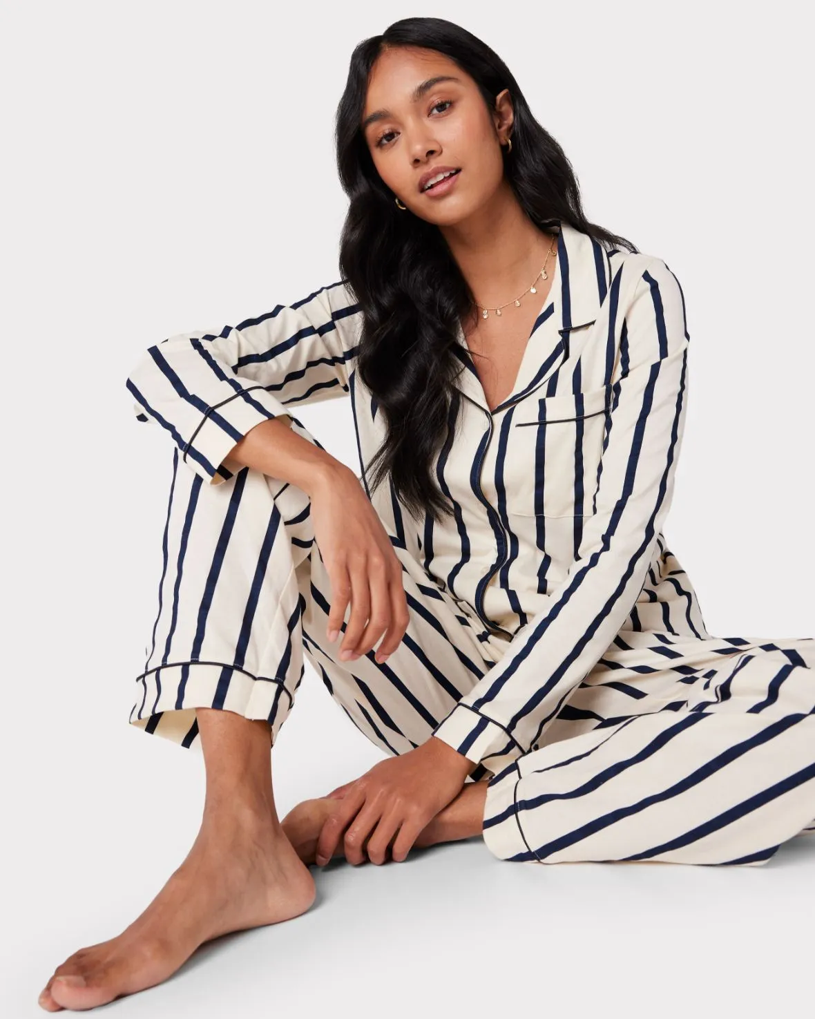 Organic Cotton Stripe Long Pyjama Set - Navy