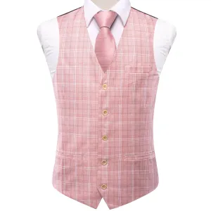 Pink White Plaid Silk England Style Men's Single Vest Waistcoat