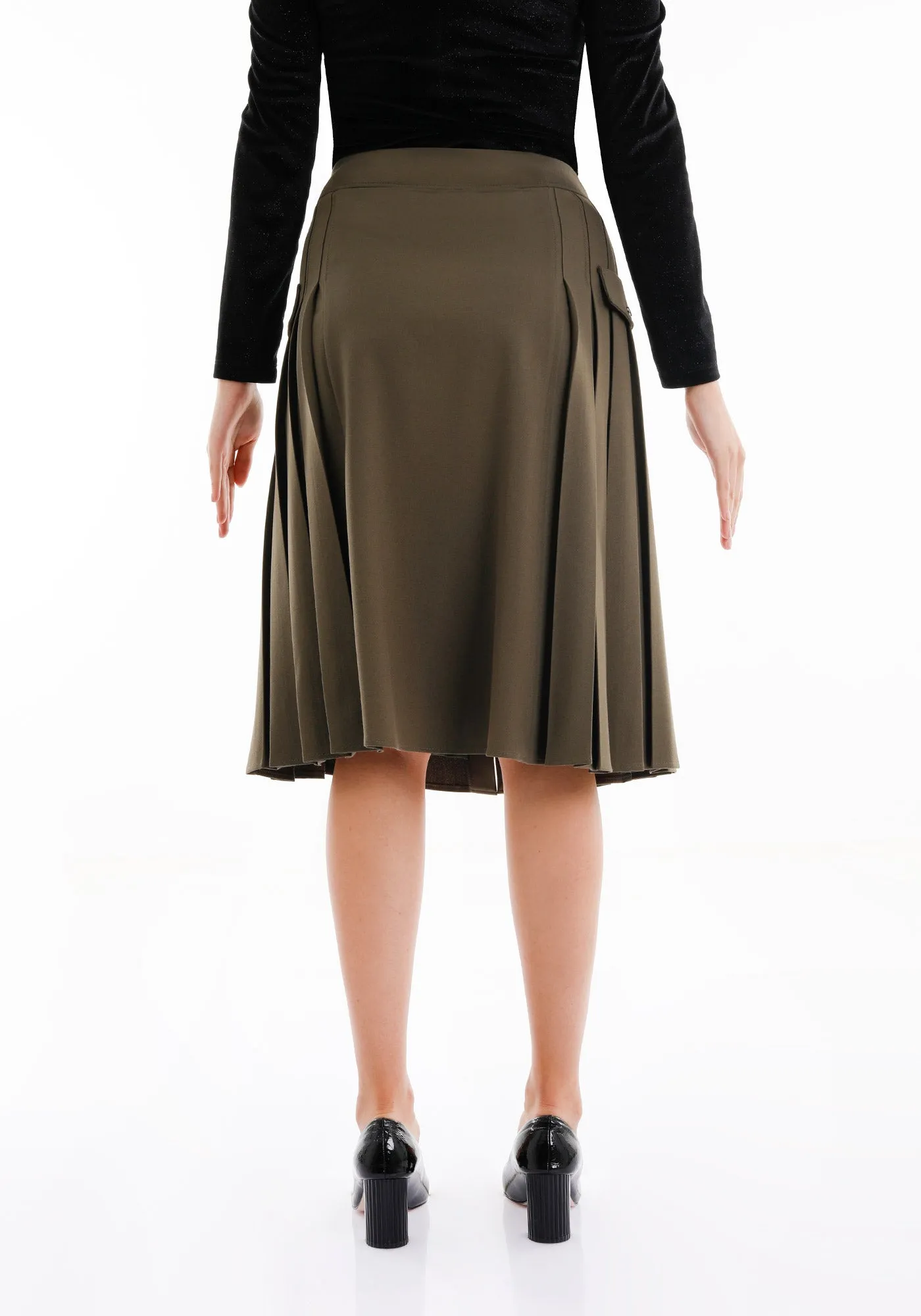 Pleated Button-Front Khaki Midi Skirt