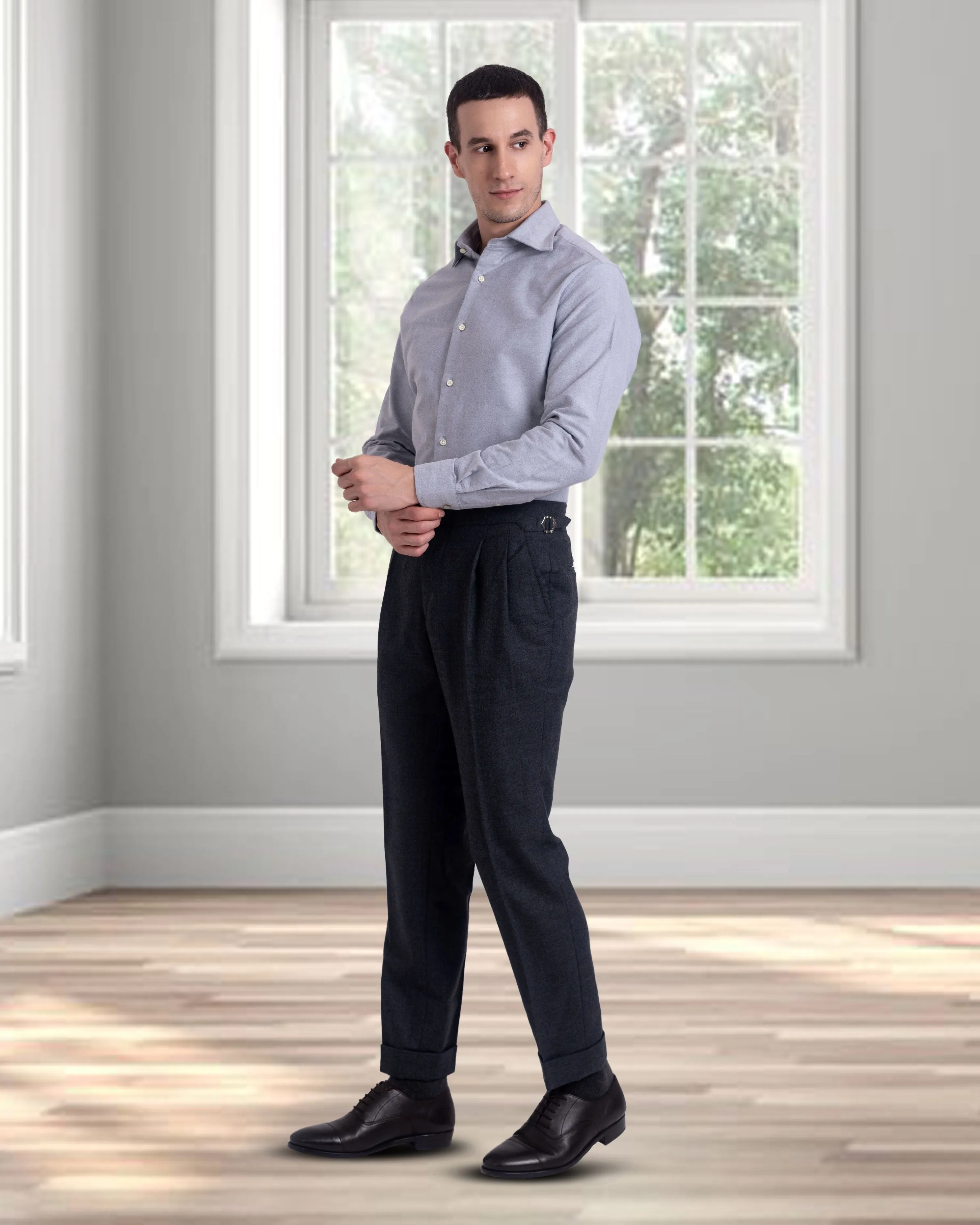 Pleated Dugdale Dark Grey Wool Flannel Dress Pant