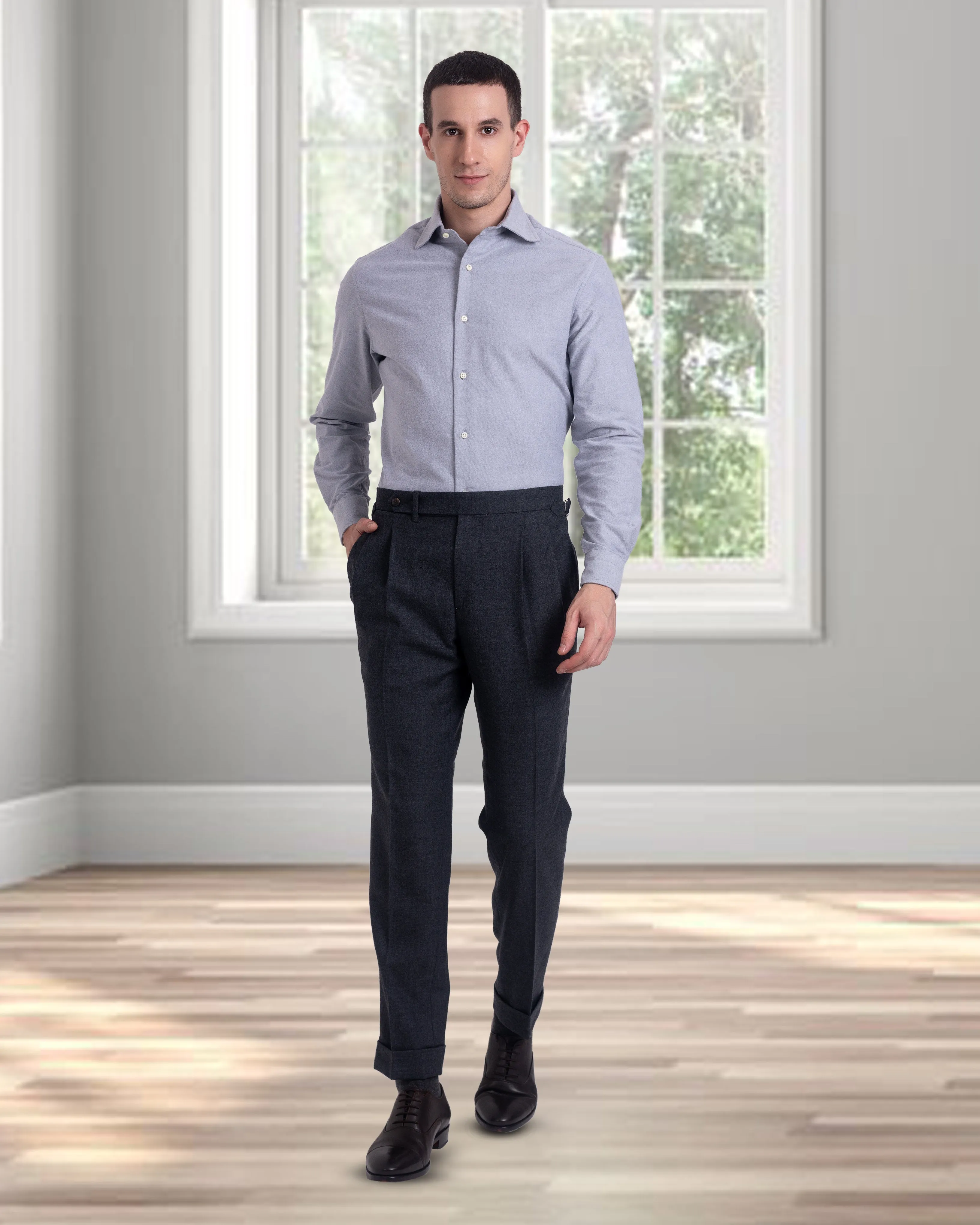 Pleated Dugdale Dark Grey Wool Flannel Dress Pant