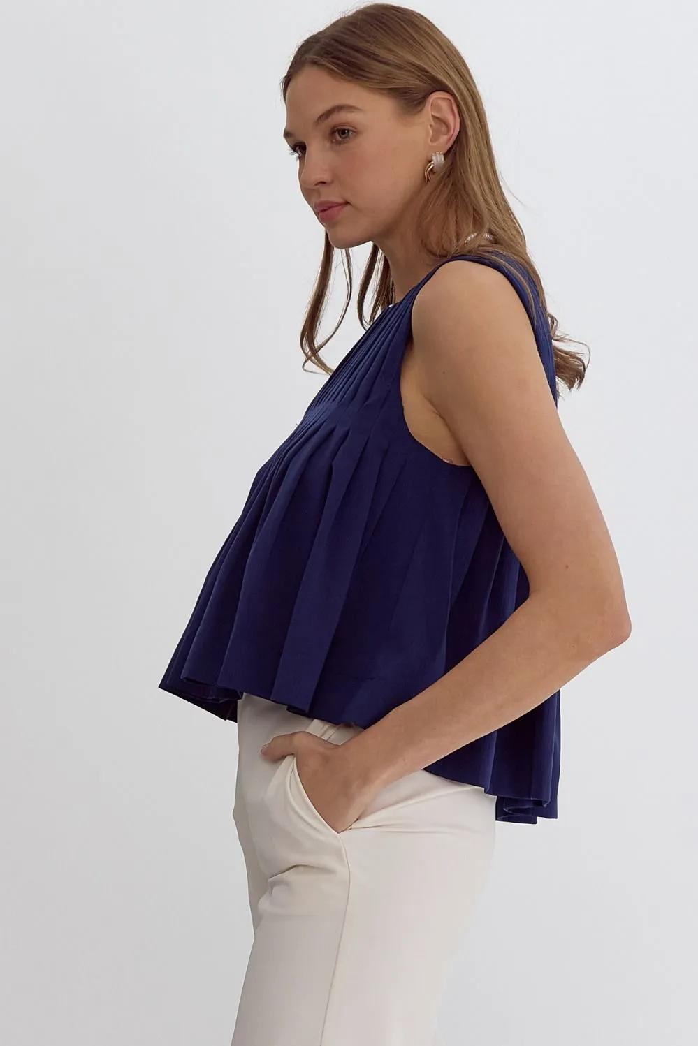 Pleated Sleeveless Cropped Ruffled Detail Top