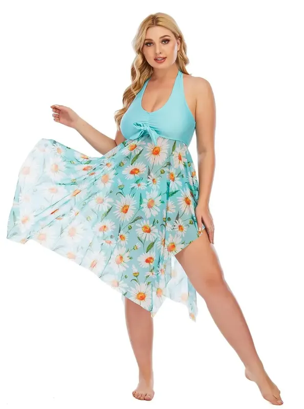 Plus Size Floral Print Irregular Hem Dress & Panty Swimsuit Set Blue