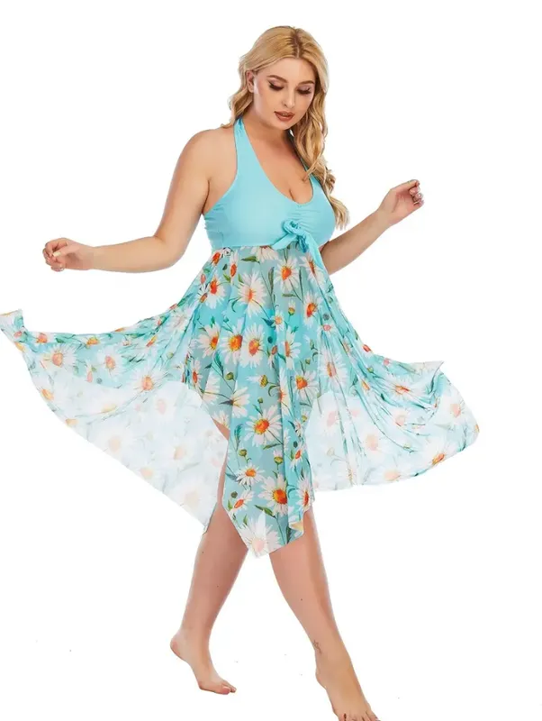 Plus Size Floral Print Irregular Hem Dress & Panty Swimsuit Set Blue