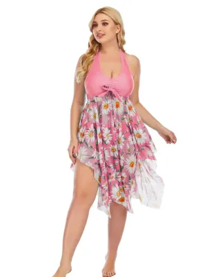 Plus Size Floral Print Irregular Hem Dress & Panty Swimsuit Set Pink