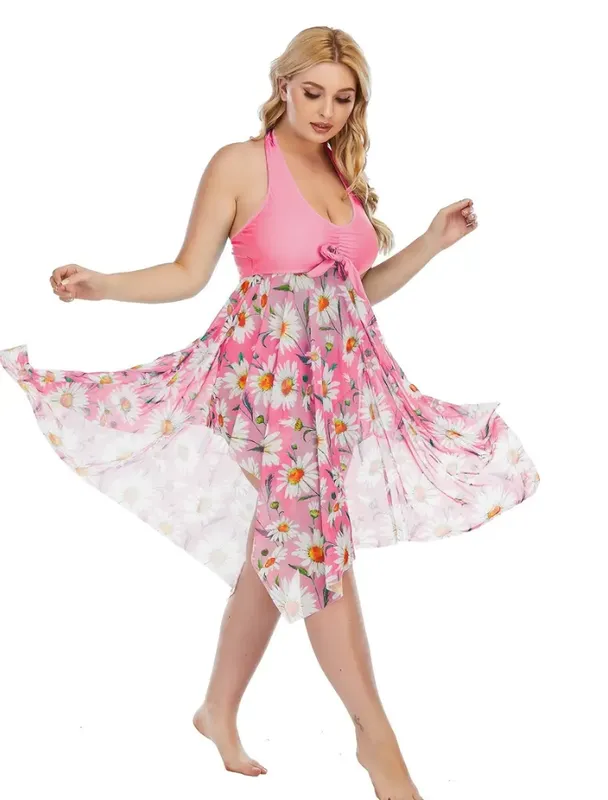 Plus Size Floral Print Irregular Hem Dress & Panty Swimsuit Set Pink