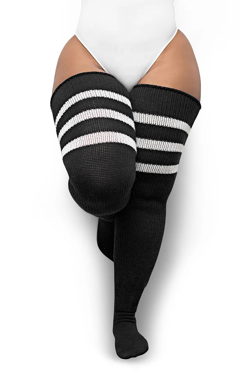 Plus Size Thigh High Socks in Black with White Stripes