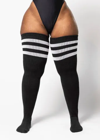 Plus Size Thigh High Socks in Black with White Stripes