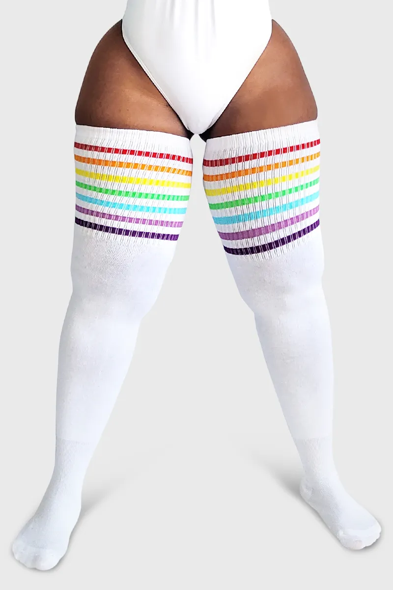 Plus Size Thigh High Socks in White with Rainbow Stripes