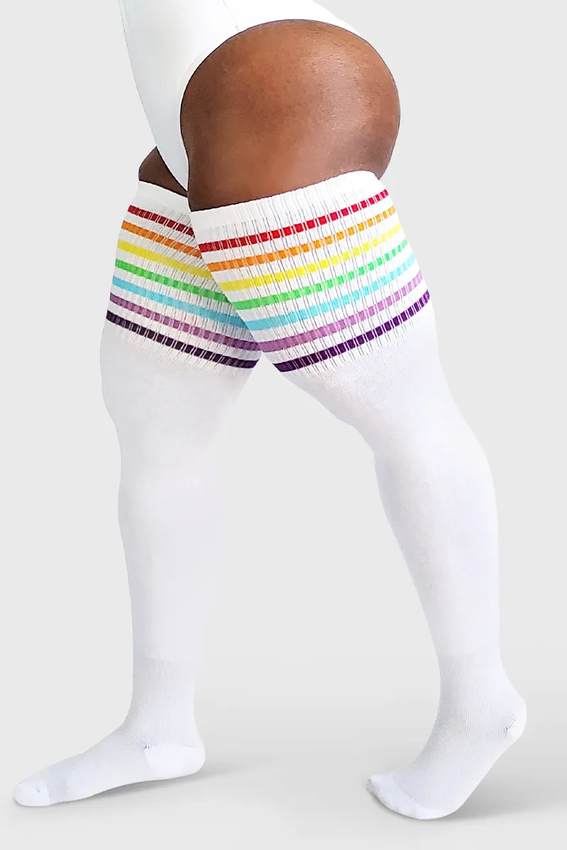 Plus Size Thigh High Socks in White with Rainbow Stripes