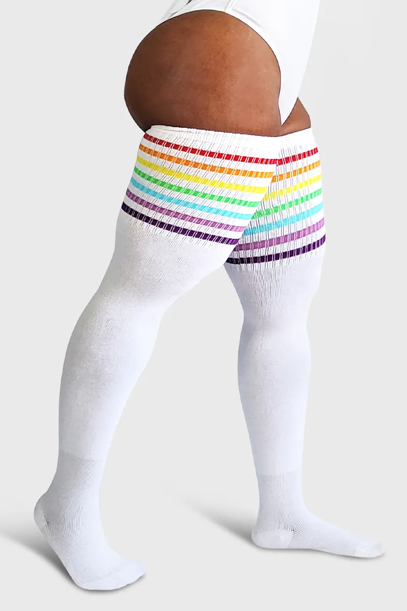 Plus Size Thigh High Socks in White with Rainbow Stripes