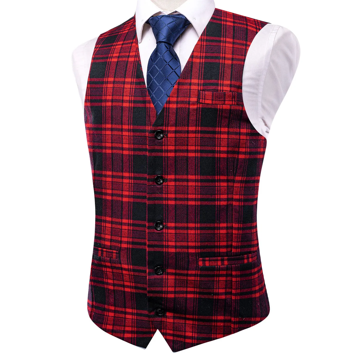 Red Black Plaid Silk Men's Single Vest Waistcoat