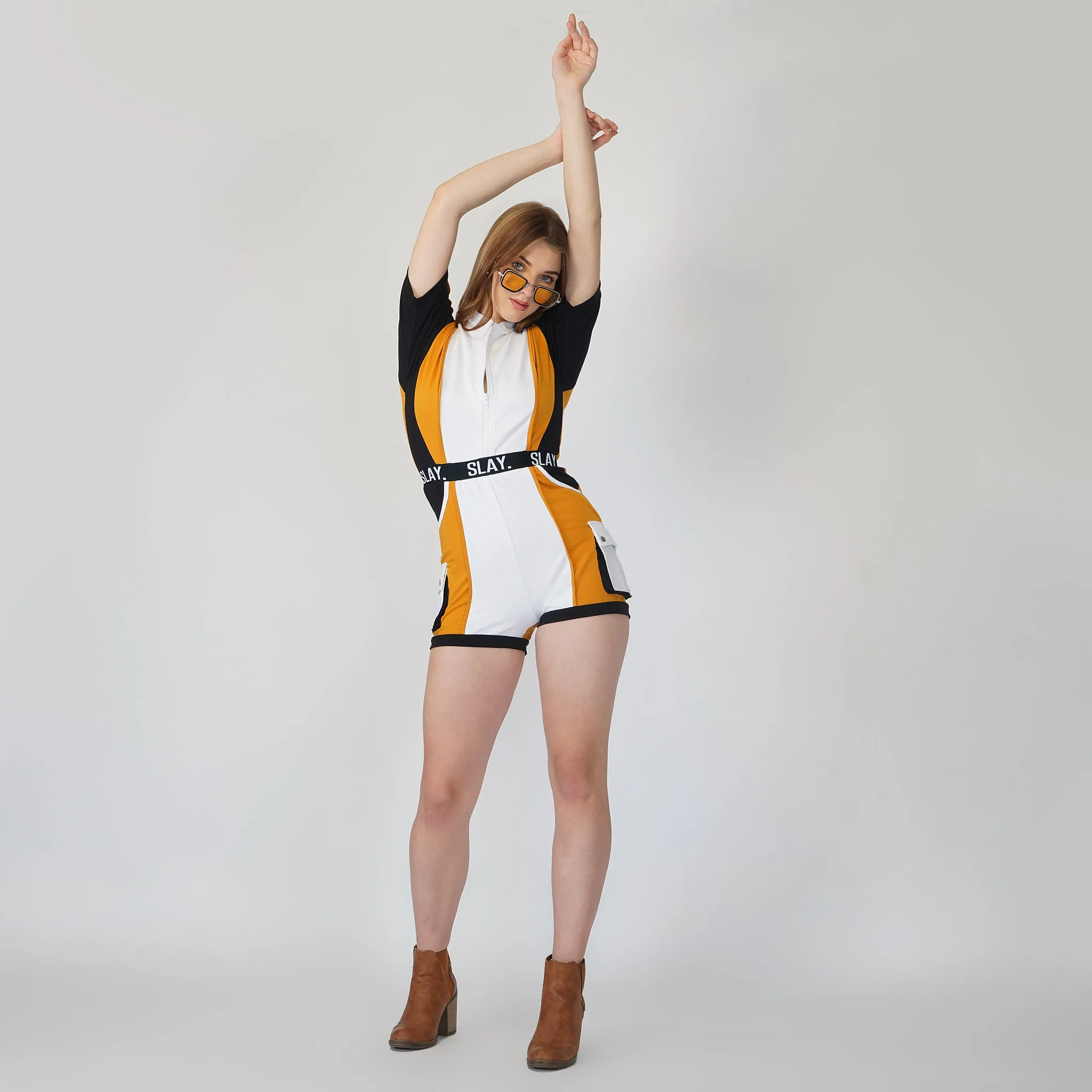 SLAY. Women's Colorblock Romper Mustard White Black