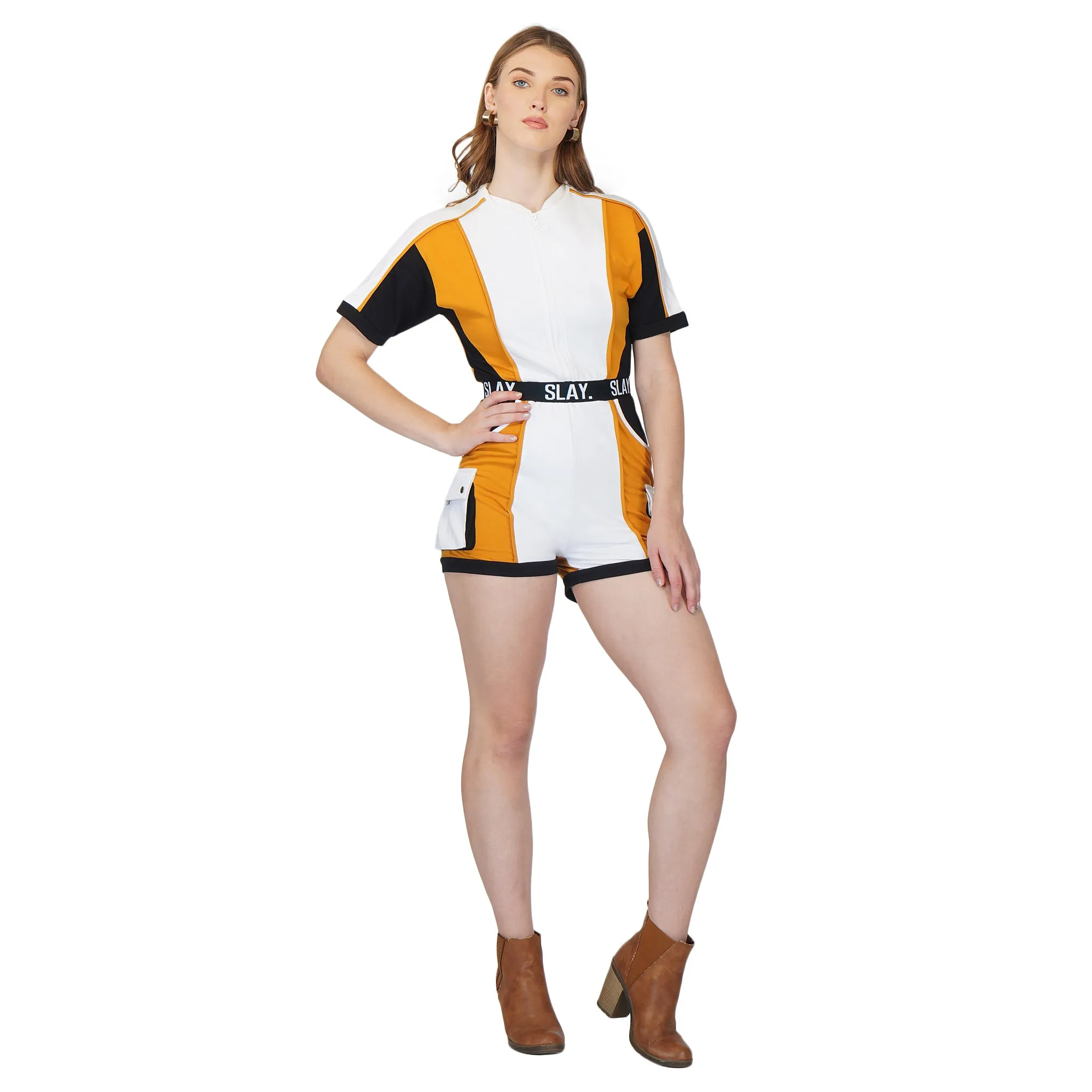 SLAY. Women's Colorblock Romper Mustard White Black