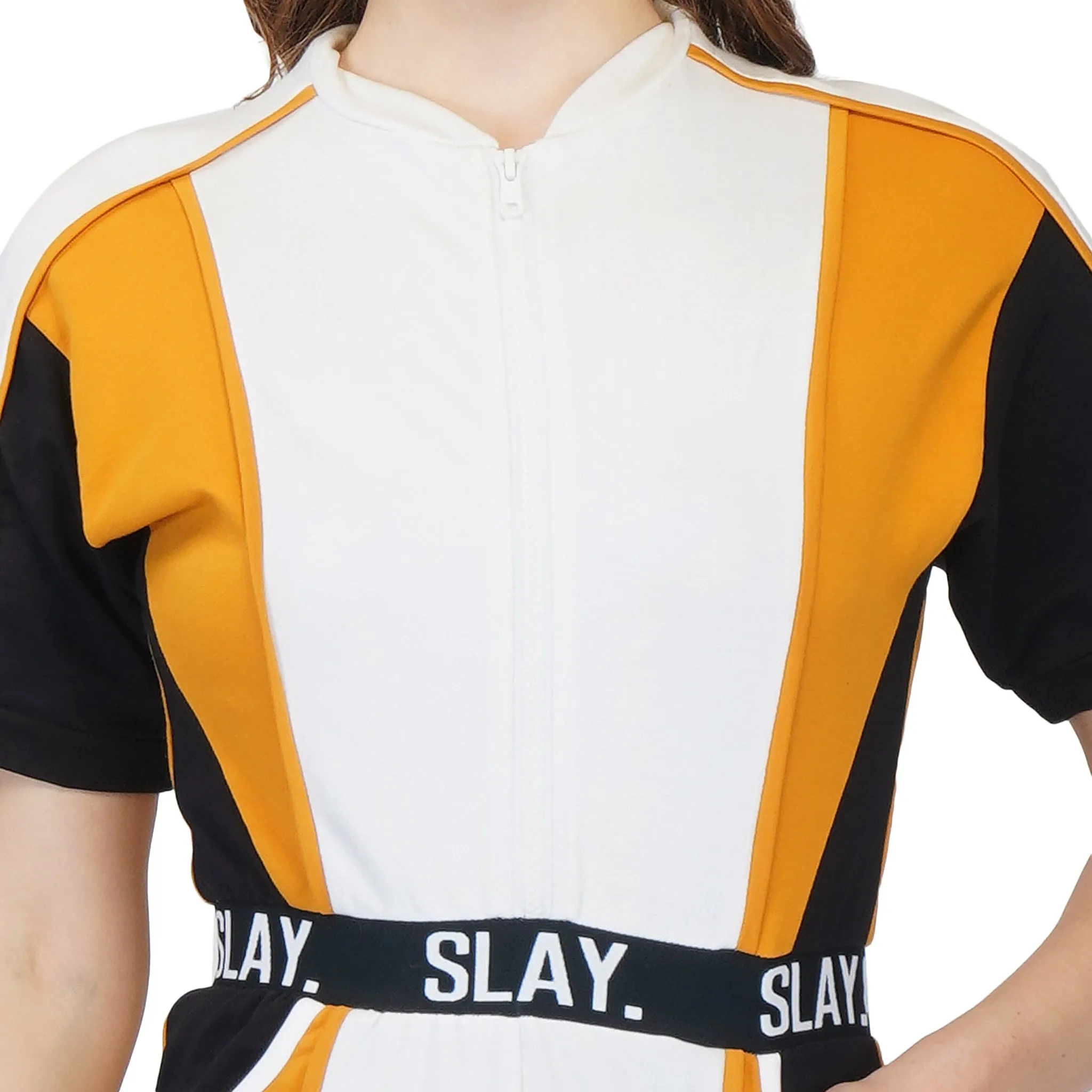 SLAY. Women's Colorblock Romper Mustard White Black