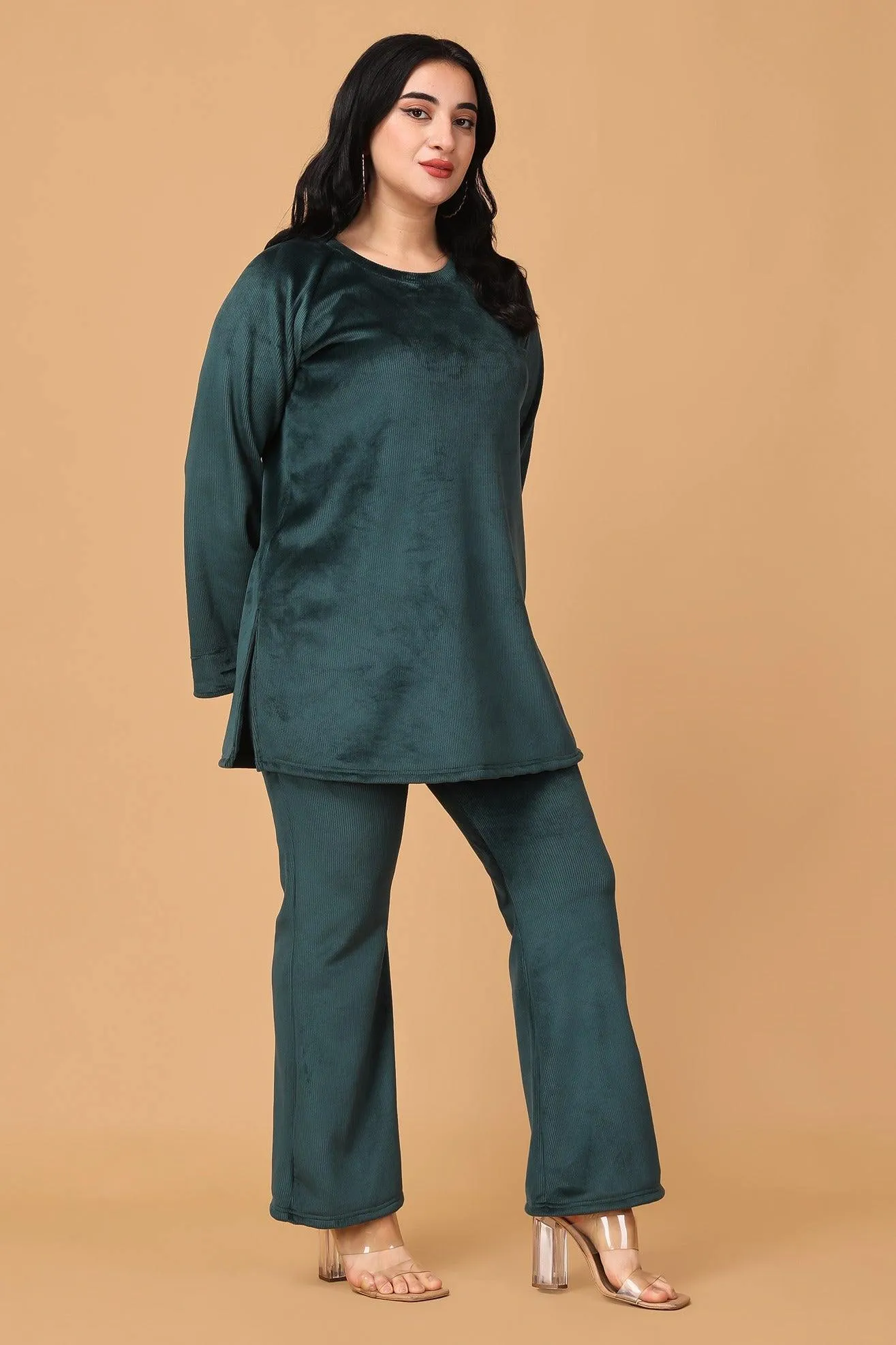 Solid Ribbed Knit Co-ord Set-Green