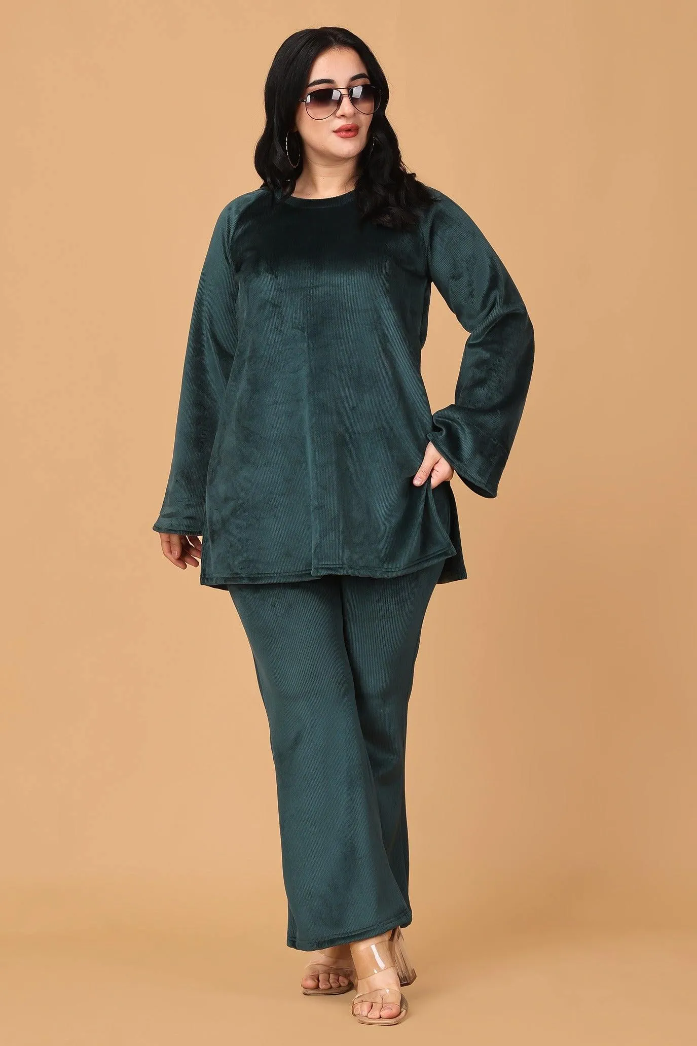 Solid Ribbed Knit Co-ord Set-Green