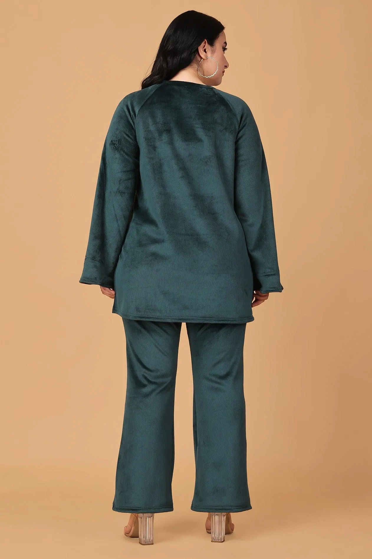 Solid Ribbed Knit Co-ord Set-Green