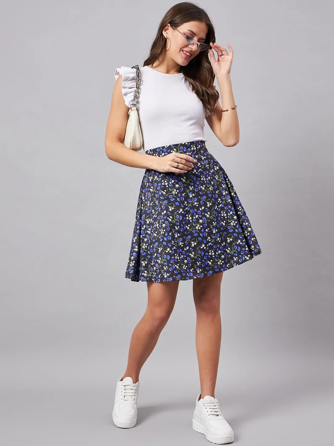 Style Quotient Women Blue, Black And Multi Floral Printed Polyester Mini Skirt