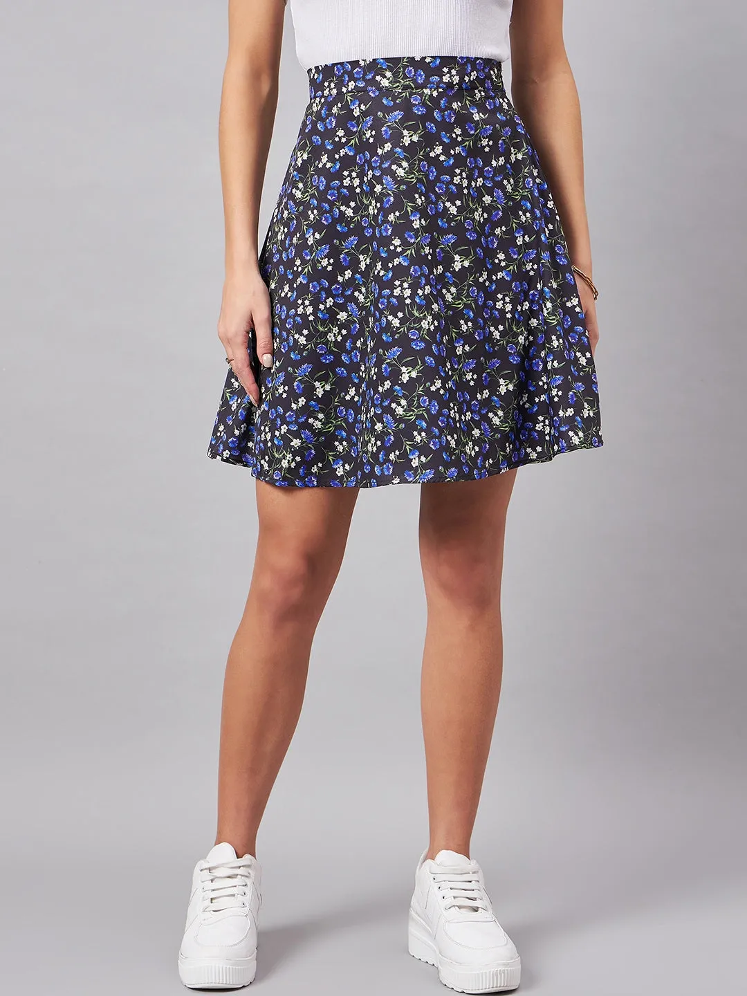 Style Quotient Women Blue, Black And Multi Floral Printed Polyester Mini Skirt