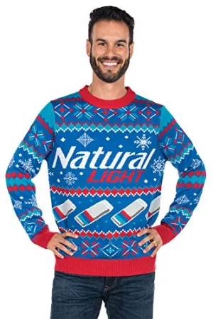 Tipsy Elves Men's Natural Light Ugly Christmas Sweater - Natty Light Xmas Sweater (Blue, Medium)