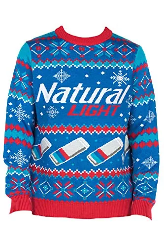 Tipsy Elves Men's Natural Light Ugly Christmas Sweater - Natty Light Xmas Sweater (Blue, Medium)