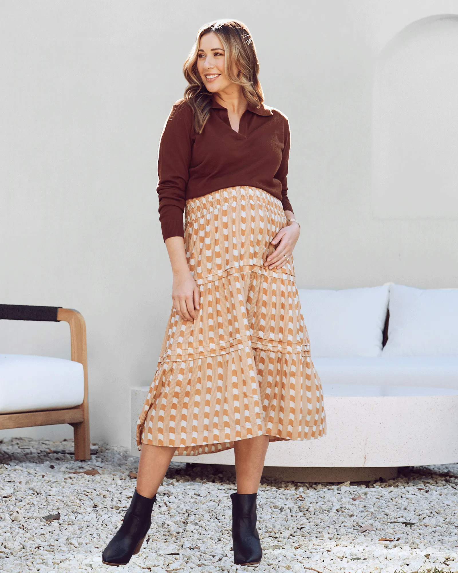 Tracy Maternity Ruffled Midi Skirt in Sandstone Stripe