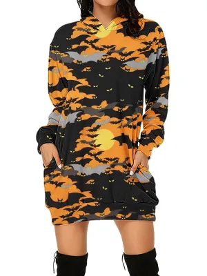 Women Halloween Sky Full Bats Graphic Print Hoodies