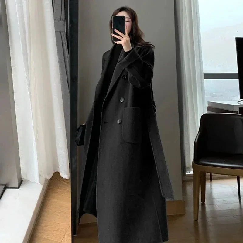 Women's Elegant Long Wool Coat – Oversized Double-Breasted Belted Winter Jacket, Thick and Warm Outerwear