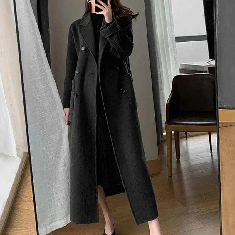 Women's Elegant Long Wool Coat – Oversized Double-Breasted Belted Winter Jacket, Thick and Warm Outerwear